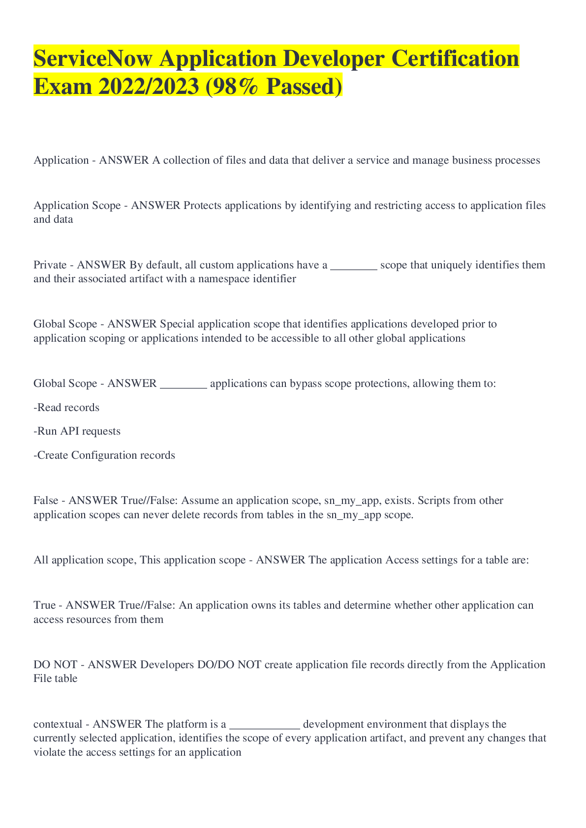 Preview of ServiceNow Application Developer Certification Exam 2022/2023 (98% Passed)